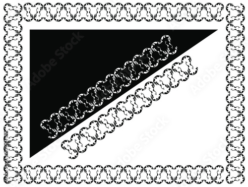 Border design concept of Two Peacocks facing upside down - Indian Traditional and Cultural Rangoli, Alpona, Kolam or Paisley vector line art with black and white background