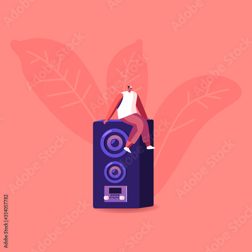 Male Character Entertainment Leisure, Recreation Hobby Concept. Cheerful Tiny Man Sitting on Huge Dynamics Listen Loud Music at Karaoke Bar or Night Club. Noise Pollution. Cartoon Vector Illustration