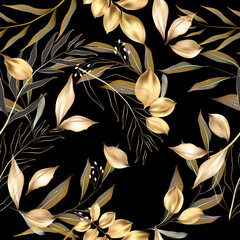 Handdoek met foto Zwart goud patronen Gouden bladeren botanisch patroon  © blina