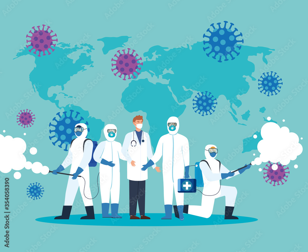 doctor and persons with protective suit for spraying the covid 19, disinfection virus concept vector illustration design doctor and persons with protective suit for spraying the covid 19, disinfection virus concept vector illustration design