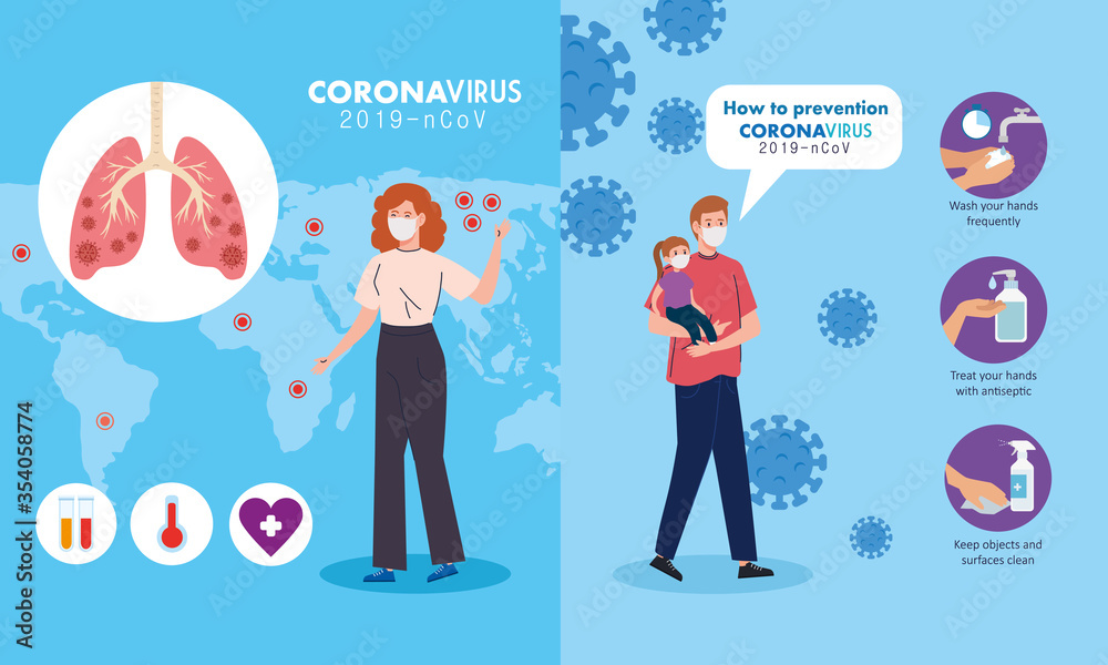 set scenes, prevention coronavirus 2019 ncov, father and daughter, woman using medical mask vector illustration design set scenes, prevention coronavirus 2019 ncov, father and daughter, woman using medical mask vector illustration design