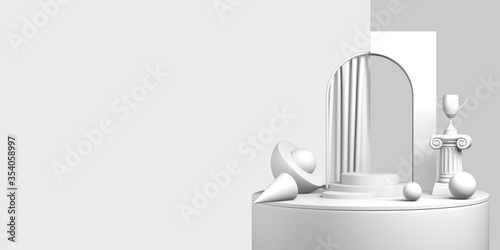 3D rendering abstract background, copy space, pedestal pastel white, gray color. Minimal scene product display with arch and curtain. Luxurious light winner award design. Mobile app template
