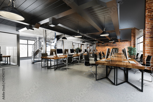 3d rendering business meeting and working room on industry loft style office warehouse