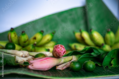 Asian food ingredient with bunga kantan or torch lily, calamansi, lemongrass, tumeric leaves and bananas on a banana leaf background.