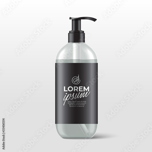 Realistic plastic bottles with pump dispenser for skincare product : shower gel, shampoo, cream or lotion : Vector Illustration