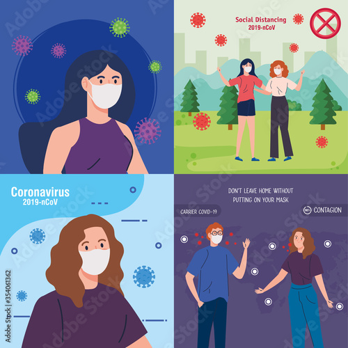 set scenes people using medical protective mask against coronavirus 2019 ncov vector illustration design