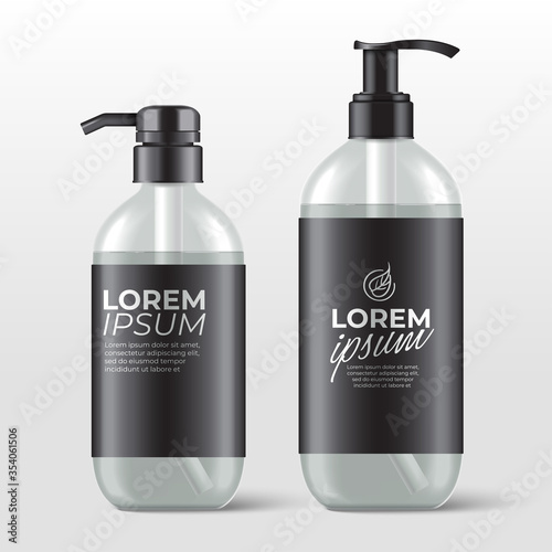 Realistic plastic bottles with pump dispenser for skincare product : shower gel, shampoo, cream or lotion : Vector Illustration