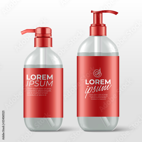 Realistic plastic bottles with pump dispenser for skincare product : shower gel, shampoo, cream or lotion : Vector Illustration