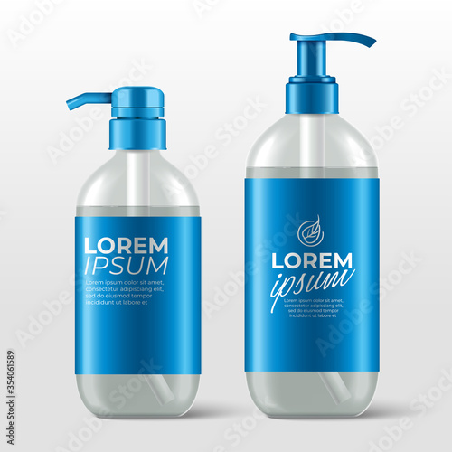 Realistic plastic bottles with pump dispenser for skincare product : shower gel, shampoo, cream or lotion : Vector Illustration