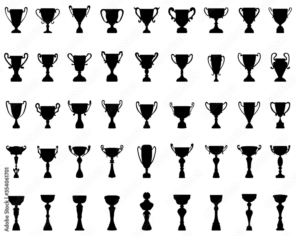 Black silhouettes of different trophies on a white background