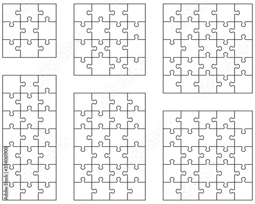Illustration of six different white puzzles, separate pieces