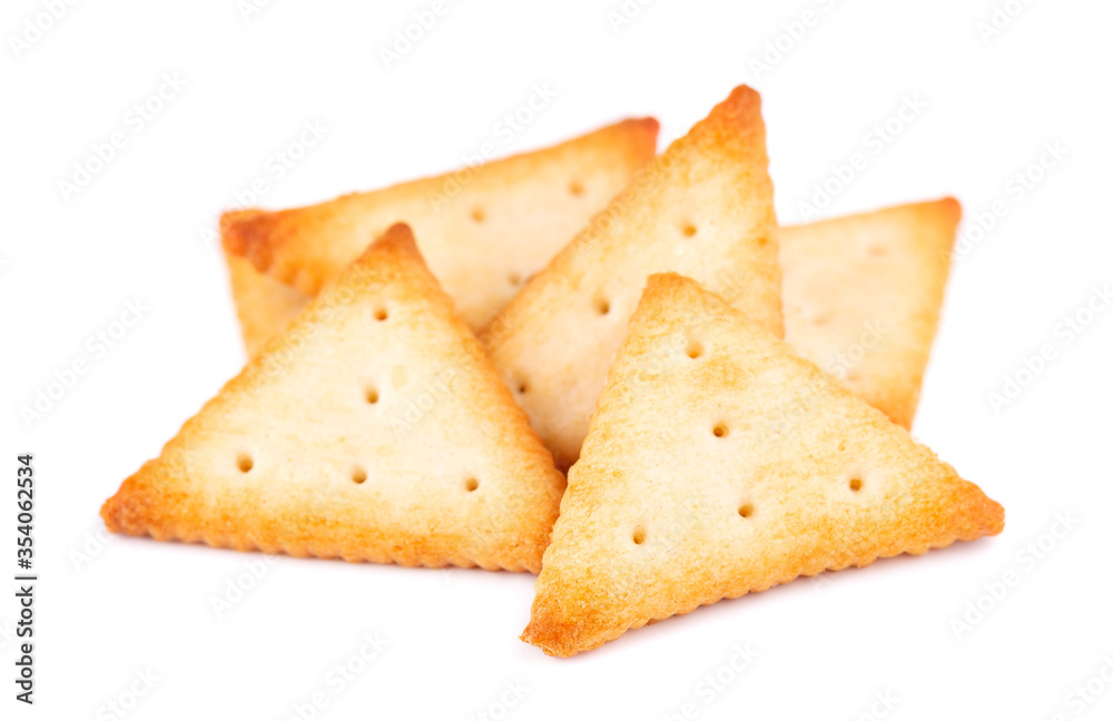 Cracker isolated on white background. Dry cracker cookies isolated. Salty snacks isolated. Top view.