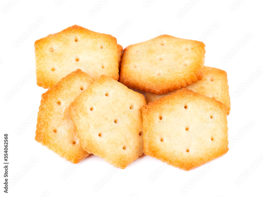 Cracker isolated on white background. Dry cracker cookies isolated. Salty snacks isolated. Top view. Cracker isolated on white background. Dry cracker cookies isolated. Salty snacks isolated. Top view.