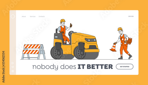 Roadwork and Asphalt Paving Landing Page Template. Workers Characters with Heavy Asphalting Machinery. Transport, Pavement Compactor. Construction Building Industry. Linear People Vector Illustration