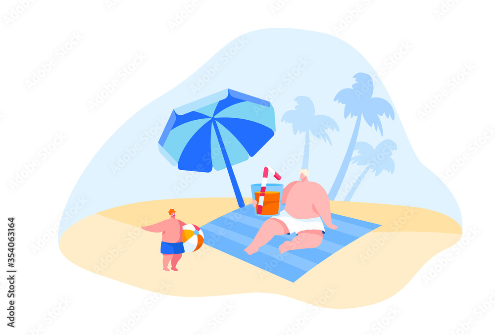 Family Characters Spend Summer Vacation on Tropical Resort. Father Drinking Cocktail, Little Boy Playing with Ball. Summertime Holidays Leisure, Recreation Activity. Cartoon People Vector Illustration