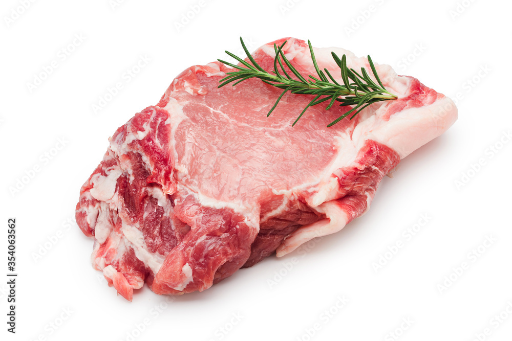 Raw pork meat slices for cooking with fresh rosemary leaves on white background. Commercial image isolated with clipping path.