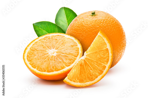 Fototapeta Naklejka Na Ścianę i Meble -  Orange slice into pieces with drop shadow on white background. Commercial image of citrus fruits in isolated with clipping path.