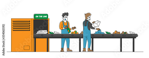 Garbage Manufacturing and Eco Protection Concept. Wastes Recycling Technological Process. Workers Characters in Robe Select and Sort Litter at Factory Conveyor Belt. Linear People Vector Illustration