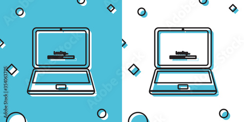 Black Laptop update process with loading bar icon isolated on blue and white background. System software update. Loading process in laptop screen. Random dynamic shapes. Vector Illustration