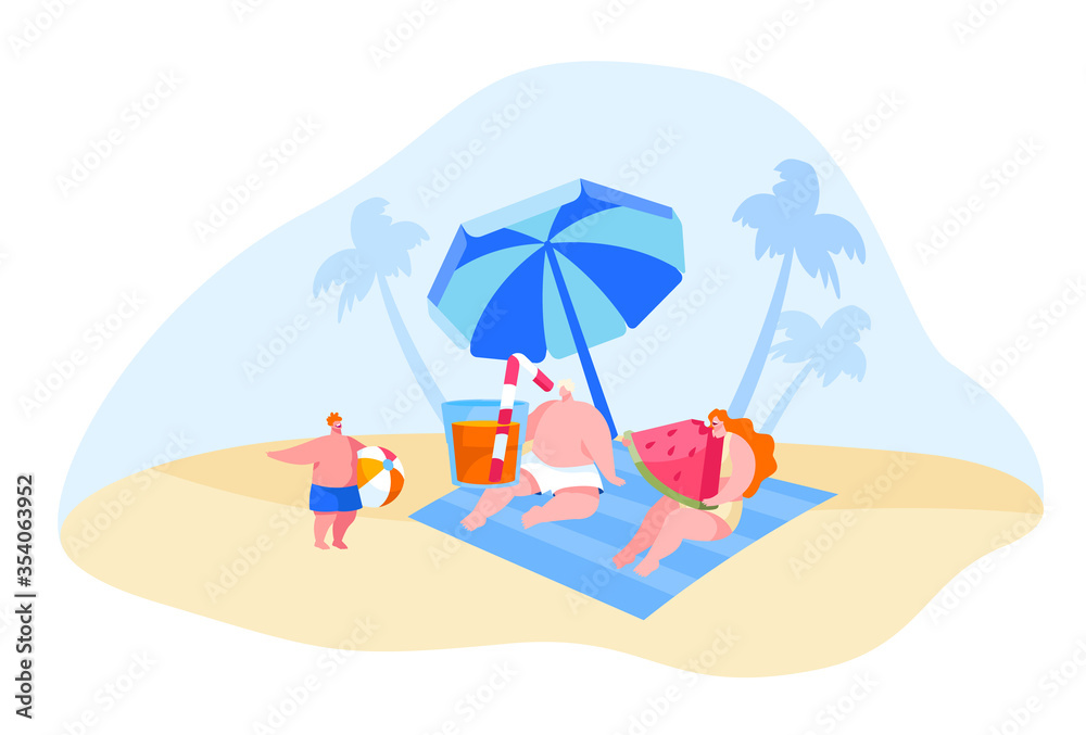 Happy Young Family Characters Relaxing on Beach. Mother Eating Watermelon, Father Drinking Juice, Little Boy Holding Ball. People Spend Summer Vacation on Tropical Resort. Cartoon Vector Illustration