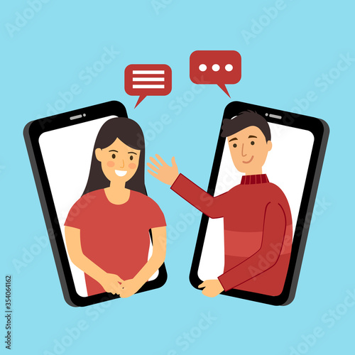 Man and woman make a video call concept vector illustration. Long distance relationship between friends, loving couple or marriage husband and wife. Online talk on smartphone via internet