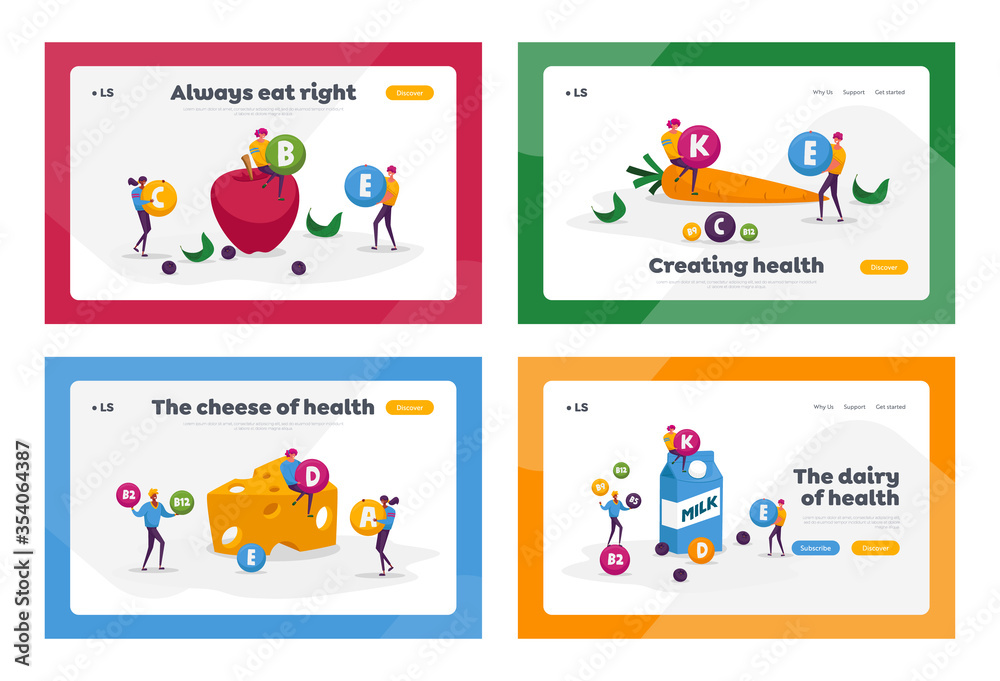 Organic Food Choice, Vitamins in Products Landing Page Template Set. Characters Eat Healthy Fruits, Vegetables, Cheese, Milk and Eggs Source of Energy and Health. Cartoon People Vector Illustration