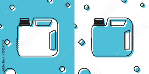 Black Plastic canister for motor machine oil icon isolated on blue and white background. Oil gallon. Oil change service and repair. Engine oil sign. Random dynamic shapes. Vector Illustration