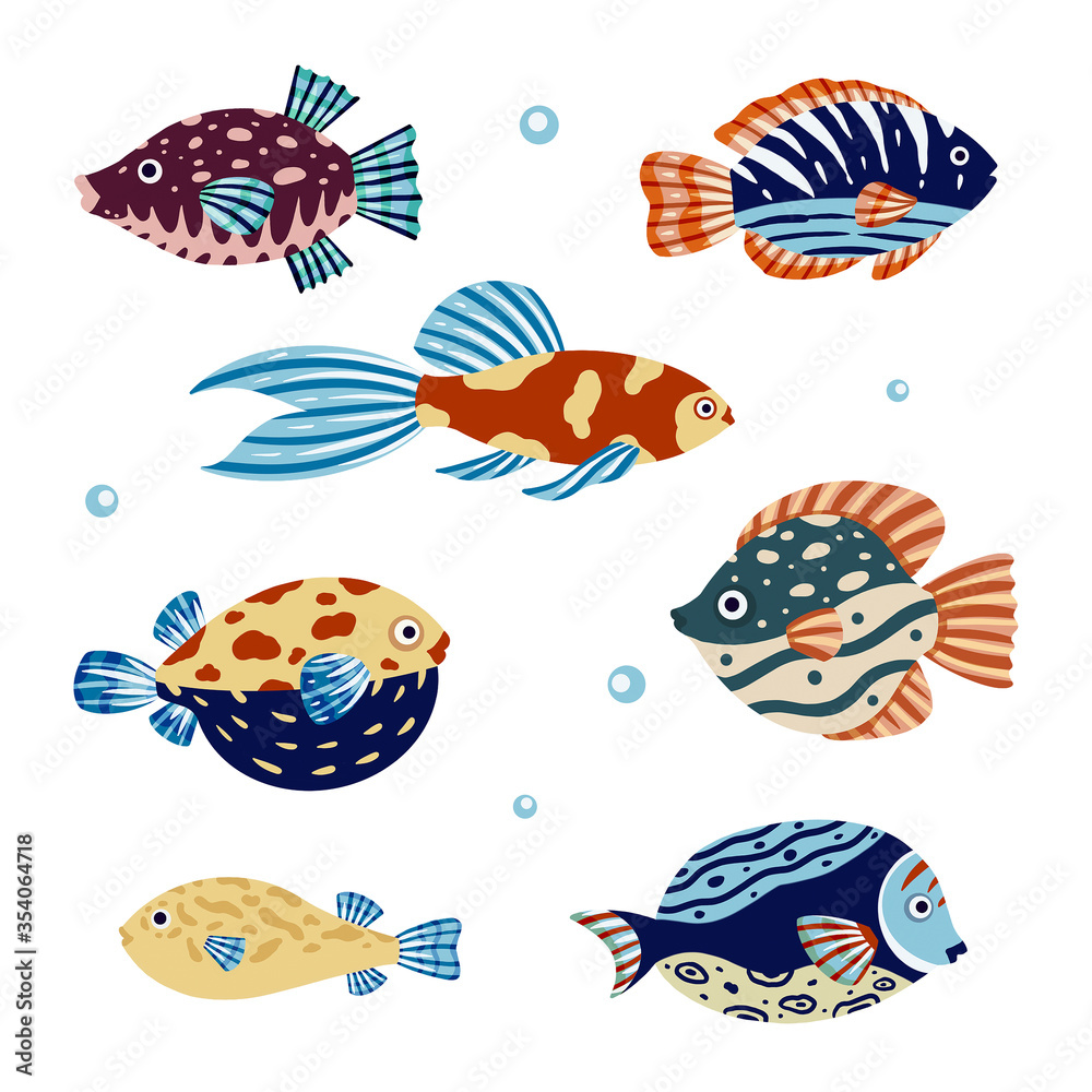 Set of colorful fish on a white background. Doodle.