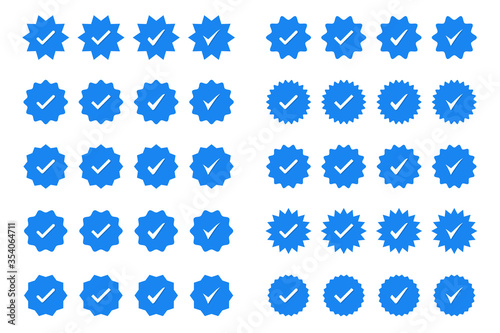 Set of blue check mark badge icons. Profile verification icons