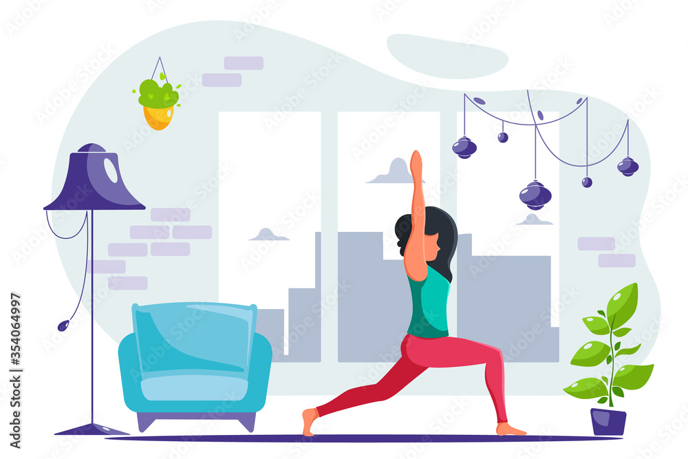 Woman doing yoga at home in modern interior. Vector illustration in a flat style