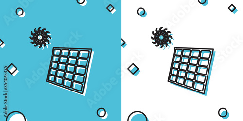 Black Solar energy panel and sun icon isolated on blue and white background. Random dynamic shapes. Vector Illustration
