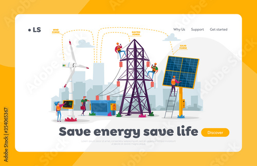Sustainable Green Energy Development, Environmental and Ecology Protection Landing Page Template. New Technologies, Solar Panel, Windmill, Electric Tower. Cartoon People Characters Vector Illustration