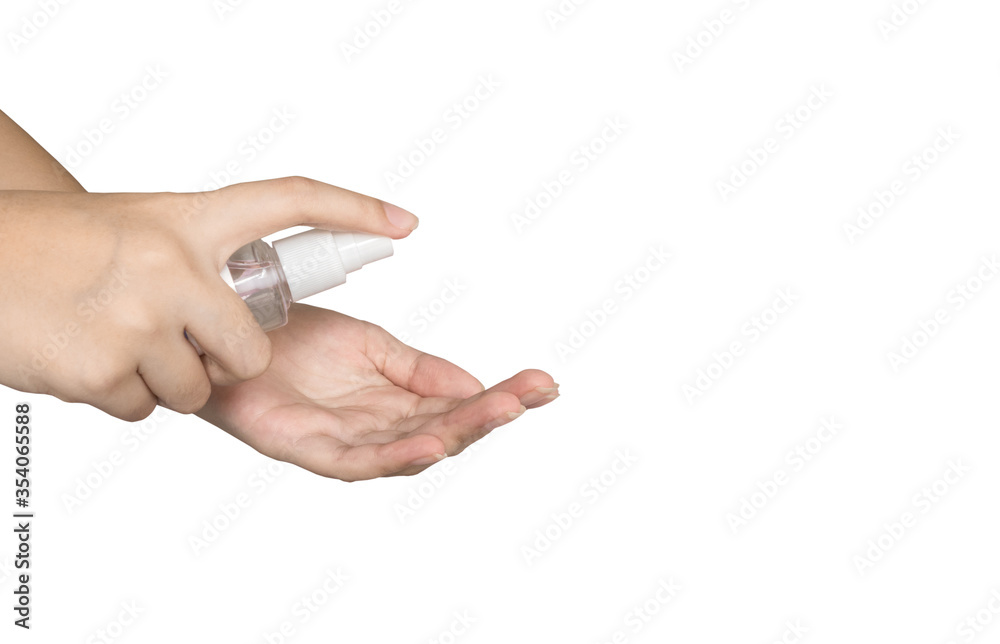 Hand of lady that applying alcohol spray or anti bacteria spray to prevent spread of germs, bacteria and virus. Personal hygiene concept. Hand of lady that applying alcohol spray or anti bacteria spray to prevent spread of germs, bacteria and virus. Personal hygiene concept.