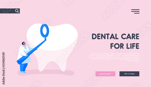 Stomatology Clinic, Dentistry Occupation, Caries Prevention or Treatment Landing Page Template. Tiny Dentist Doctor Character Hold Stomatological Mirror Care of Huge Tooth. Cartoon Vector Illustration