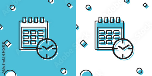 Black Calendar and clock icon on blue and white background. Schedule, appointment, organizer, timesheet, time management, important date. Date and time sign. Random dynamic shapes. Vector Illustration