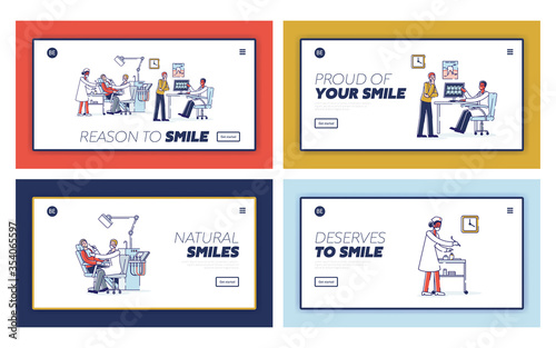 Landing pages set for dental clinic website for online service. Dent medicine and oral hygiene