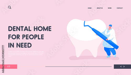 Stomatology Clinic Service Landing Page Template. Tiny Dentist Doctor Character Carry Carver Stomatological Instrument Care of Huge Tooth. Dentistry, Caries Treatment. Cartoon Vector Illustration