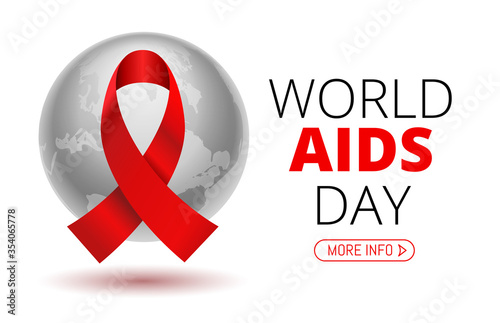 Vector Stock Illustration for World AIDS Day. 1st December World Aid Day Awareness poster with red ribbon and world map or planet Earth on white background.