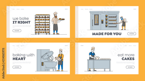 Characters Workers Bakery, Bread Machinery Production Landing Page Template Set. Flour Grinding, Dough Kneading Baking Loafs in Manufacture with Industrial Equipment. Linear People Vector Illustration