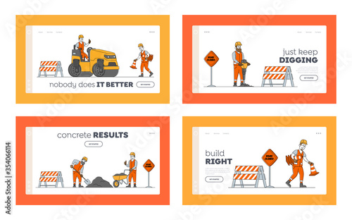 Road Repair Landing Page Template Set. Construction Machines and Working Characters Making Asphalt Maintenance. Rolling Heavy Vehicles Machinery and Warning Signs. Linear People Vector Illustration