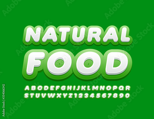 Vector healthy emblem Natural Food with Green and White Font. Modern Alphabet Letters and Numbers
