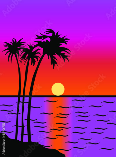 Fototapeta Naklejka Na Ścianę i Meble -  Beautiful Nature drawing of Sunset with river and palm trees - vector art