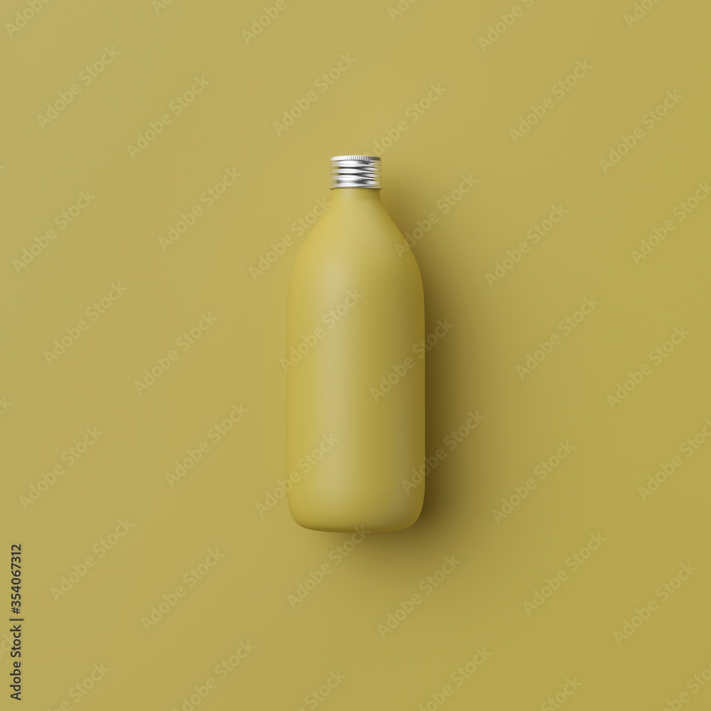 Yellow opaque bottle or flask on a yellow background, 3D rendering, web banner or template Yellow opaque bottle or flask on a yellow background, 3D rendering, web banner or template
