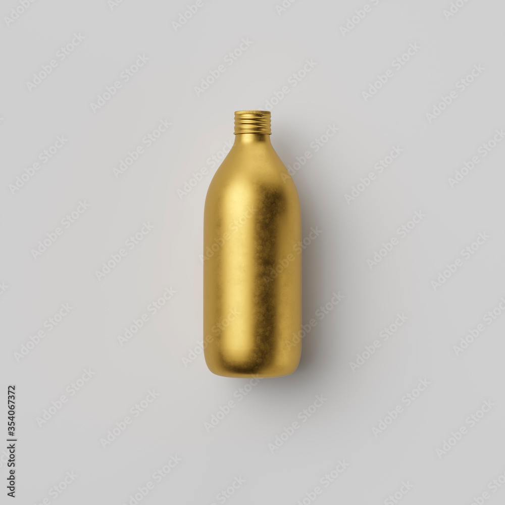 Fototapeta premium Golden opaque bottle or flask on a white background, 3D rendering, web banner or template