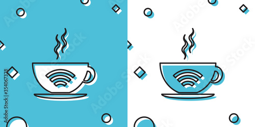 Black Cup of coffee shop with free wifi zone icon isolated on blue and white background. Internet connection placard. Random dynamic shapes. Vector Illustration