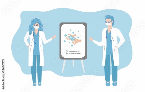 doctor recommends washing your hands and disinfecting items. Cartoon female character, Against coronavirus infection. Covid-19. Vector illustration. photo