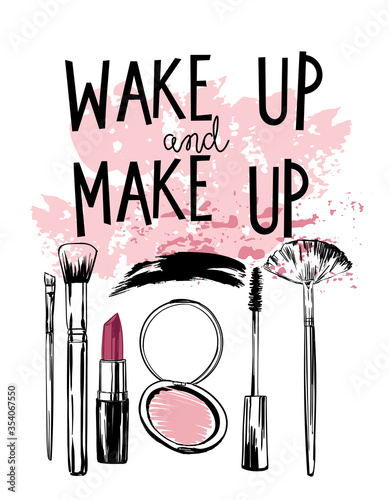 Cosmetics and fashion banner with  mascara, lipstick and make up brush stroke...