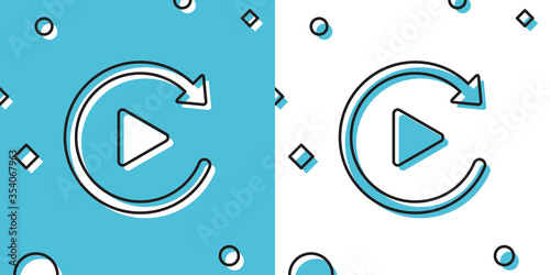 Black Video play button like simple replay icon isolated on blue and white background. Random dynamic shapes. Vector Illustration photo