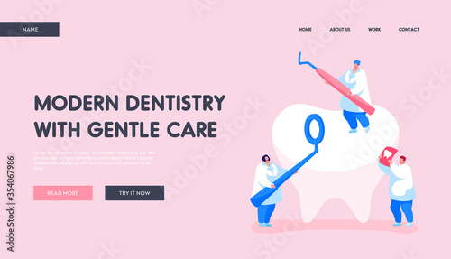 Dentistry People Working for Dental Care Teeth Landing Page Template. Tiny Dentists Characters Checking Tooth for Caries. Doctors Hold Stomatology Mirror, Carver and Xray. Cartoon Vector Illustration