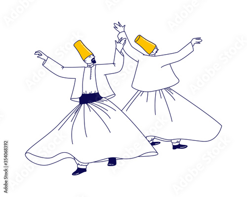 Whirling Dervish Characters in Traditional Outfit Dancing Arab Turkish Dance Isolated on White Background, Holy Month of Muslim Community, Ramadan Kareem Celebration. Linear People Vector Illustration